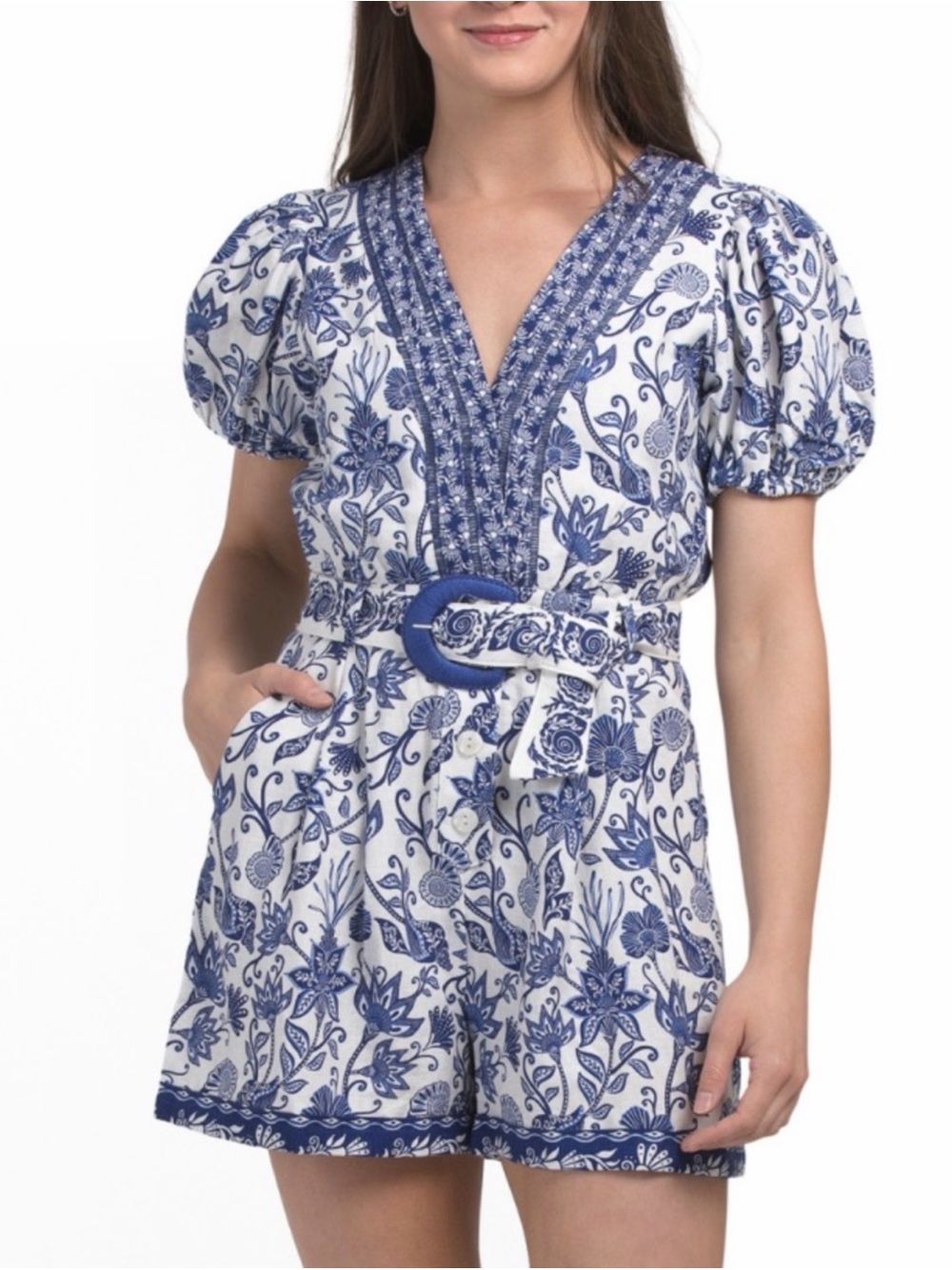 Caroline Constas Blue and White Floral V-Neck Puff Sleeve Romper with Belt